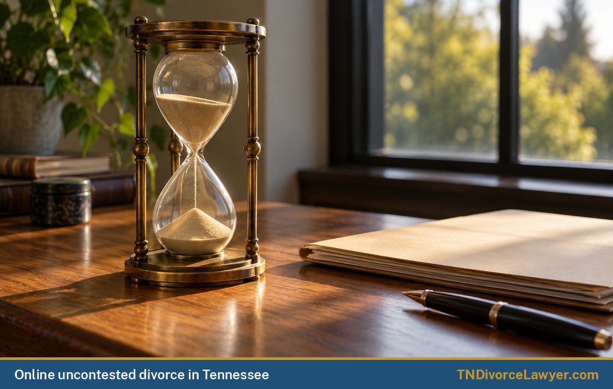 An hourglass and a folder of papers on a wooden desk by a sunny window