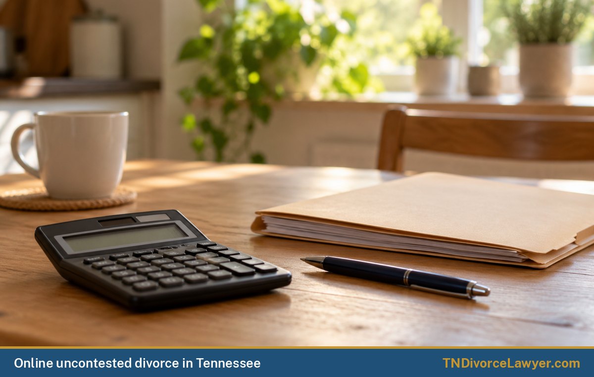 A calculator, a pen and a folder of papers on a kitchen table in soft morning light