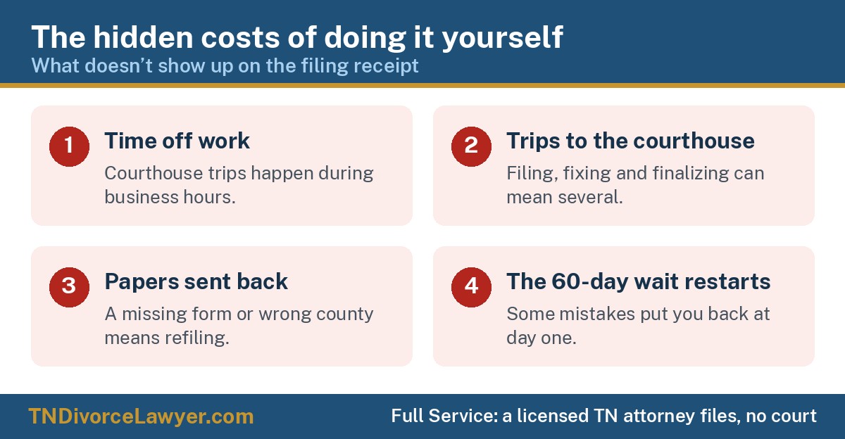 The hidden costs of a do-it-yourself divorce: time off work, trips to the courthouse, papers sent back for mistakes, and a 60-day wait that can start over