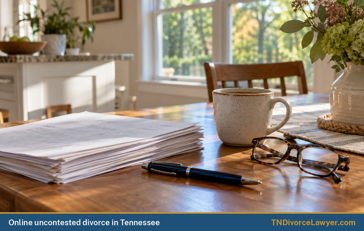 Divorce paperwork, a pen and a cup of coffee on a kitchen table at home
